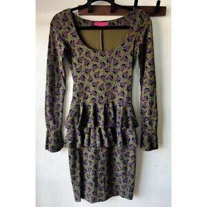 Betsey Johnson Petite Ruffle Bell Sleeve Mini Dress Olive Peplum Devil Print Y2K
